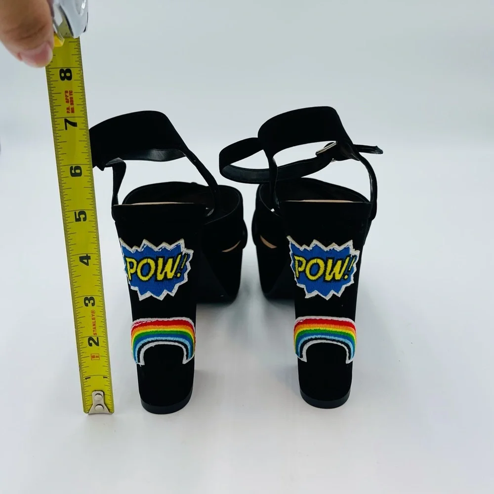 NEW BLACK MULTI STRAP HEART STAR RAINBOW PATCH SUEDE FELT PLATFORMS